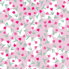 Ditsy Pink Tulips Vector Seamless Pattern