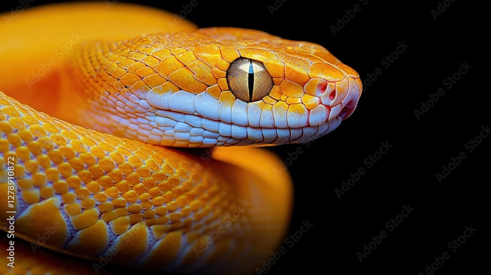 Poster close-up of a vibrant yellow snake captured in studio -detail macro dark background