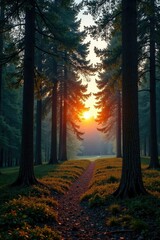 Fototapeta premium Wald im Sonnenuntergang mit blau-violettem Himmel und goldenen Bl?ttern, blue, trees