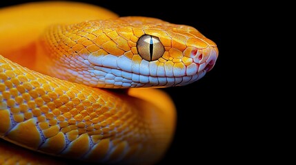 Fototapeta premium Close-up of a vibrant yellow snake captured in studio -detail macro dark background
