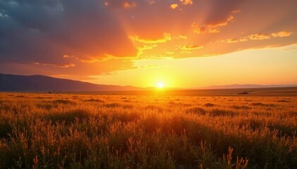 Warm golden sun rises over a vast open landscape, peaceful, scenery, calm