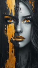 Abstract Portrait of Woman with Gold, Black, and White Visual Elements - Concept of Beauty and Strength in Modern Art