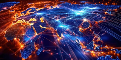 Obraz premium Blue abstract representation of Asia featuring intricate lines and dots.