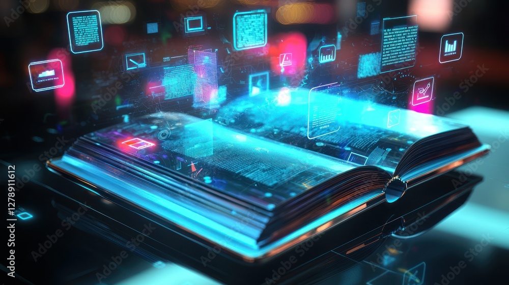 Poster A futuristic 3D e-book device with a holographic screen and floating icons. 