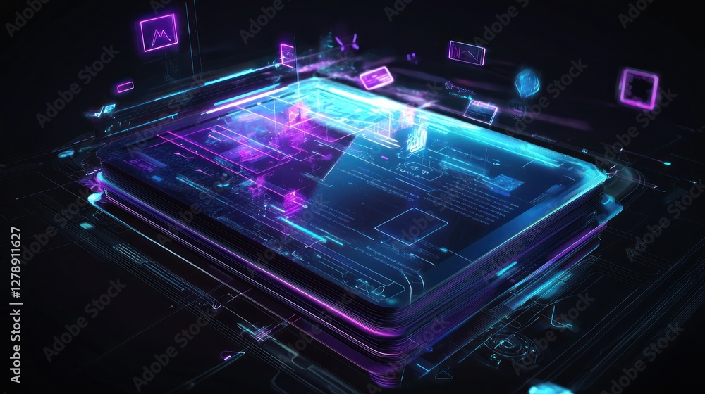 Poster A futuristic 3D e-book device with a holographic screen and floating icons. 