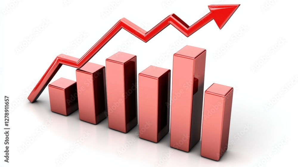 Poster red bar graph illustrating growth trends with an upward arrow symbolizing success and progress