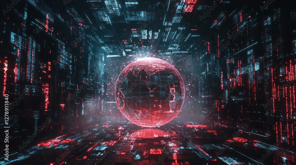 Poster A futuristic 3D globe surrounded by digital data and technological elements. 