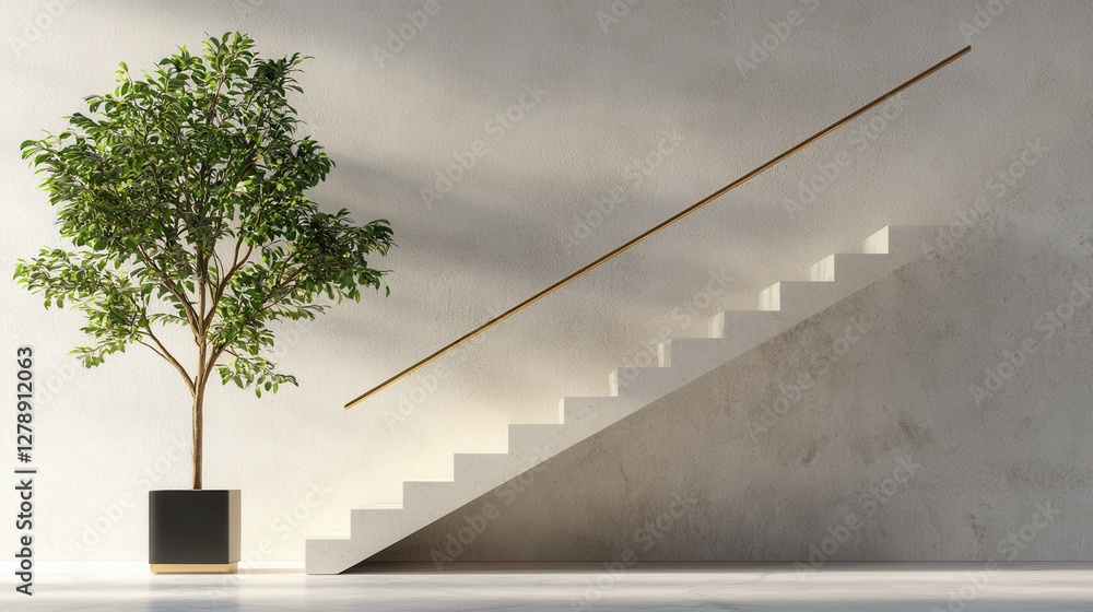 Poster modern staircase design with indoor tree minimalist space architectural contemporary setting front v