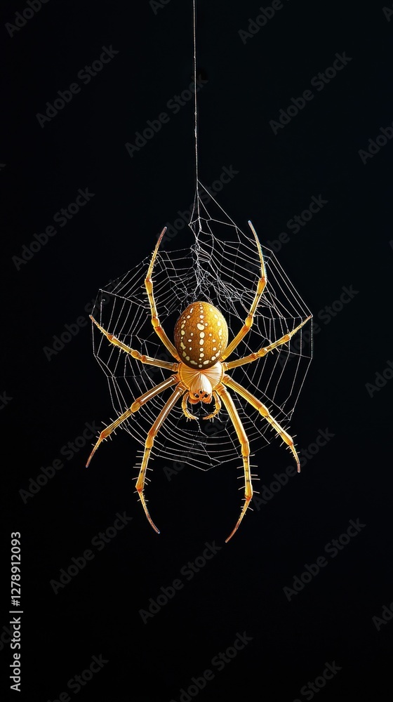 Poster spider catching prey in intricate web dark background nature close-up macro concept
