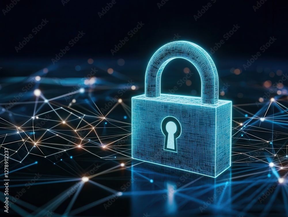 Poster digital padlock symbolizing cybersecurity and data protection on a network background.