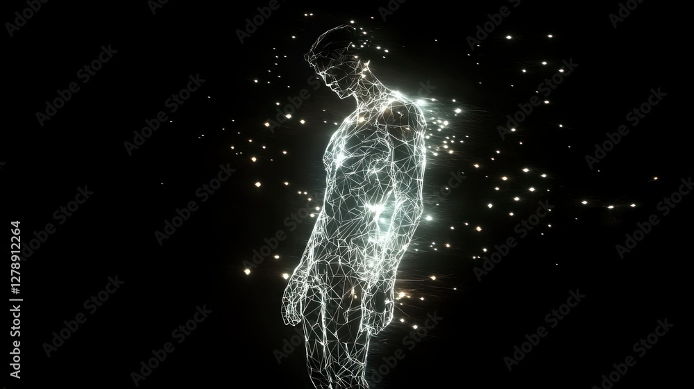 Poster a futuristic 3d human form made of digital polygons and glowing lines.