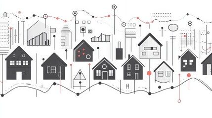 Naklejka premium Abstract illustration of diverse houses and buildings with geometric elements and data lines