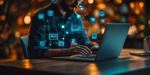 Software developer working on laptop, surrounded by icons representing concept of Minimum Viable Product MVP, most basic version of a product that meets essential requirements for release and