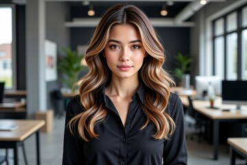 Obraz premium Confident Young Businesswoman with Long Wavy Brown Hair in Modern Office
