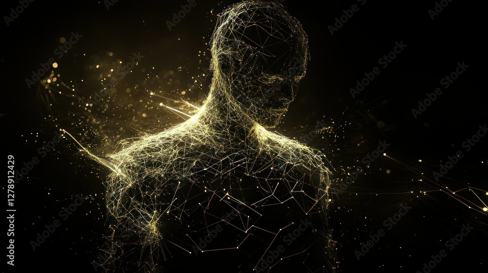 Poster a futuristic 3d human form made of digital polygons and glowing lines.