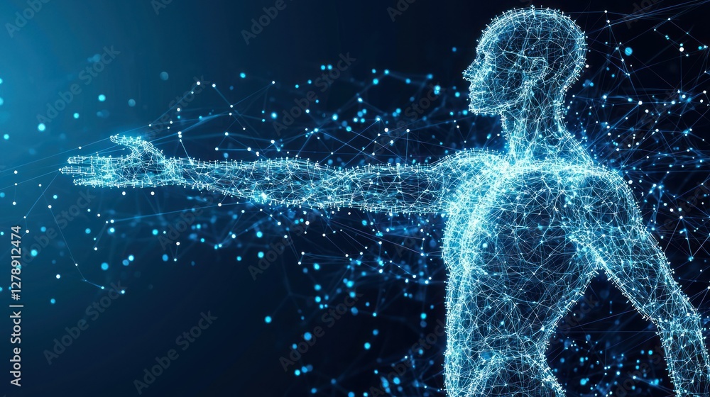 Poster a futuristic 3d representation of the human body made of glowing data points.
