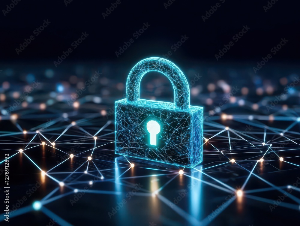 Poster digital padlock symbolizing cybersecurity amidst a network of interconnected nodes.