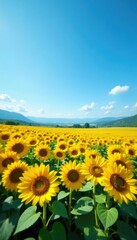 Obraz premium Yellow sunflower fields in a serene blue landscape, landscape, nature, blue