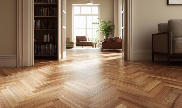 Elegant herringbone pattern parquet wood floor enhancing contemporary interiors
