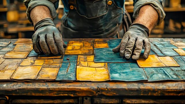 A craftsman wearing gloves works on a handmade leather patchwork, arranging different colored leather pieces on a rustic wooden table