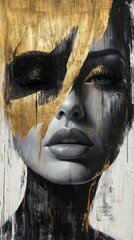Abstract Portrait of Woman with Gold, Black, and White Visual Elements - Concept of Beauty and Strength in Modern Art