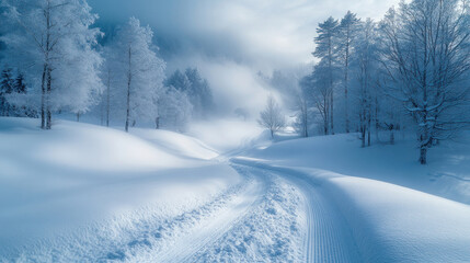 Blizzard sweeping through a snowy forest, with whiteout conditions and trees barely visible