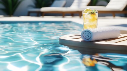 Refreshing Poolside Scene with a Citrus Drink and Rolled Towel