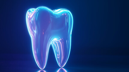 Radiant Dental Health: A Glowing Tooth with Holographic Layers and Translucent Resin Waves on a Blue Background