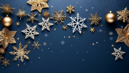 Navy christmas background with snowflakes and gold sequins