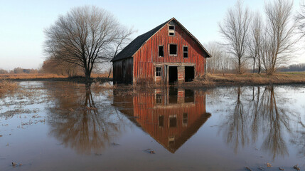 Fototapeta premium Floodwaters encroaching on a rustic barn, with the building reflected in the murky surface