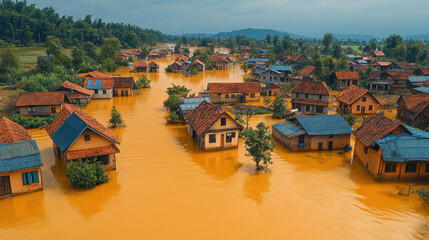 Floodwaters surrounding a small village, with rooftops and treetops visible above the surface