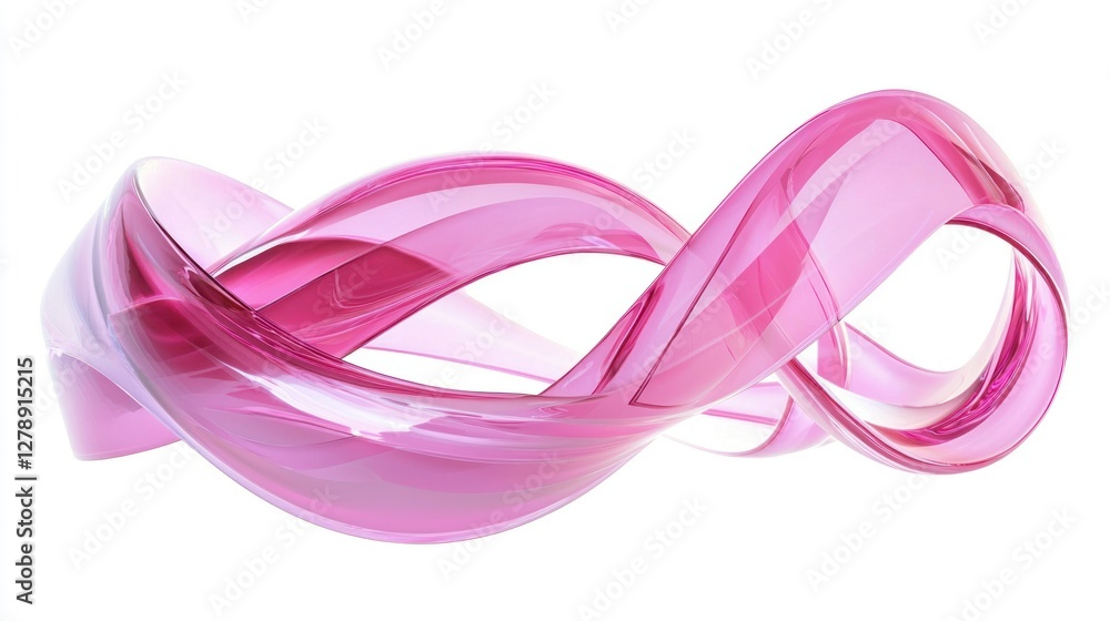 Poster a glossy pink ribbon creating curves and loops, isolated on white.
