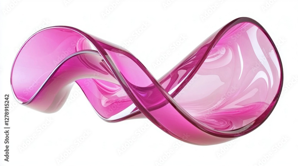 Poster a glossy pink ribbon creating curves and loops, isolated on white.