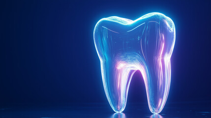 Radiant Dental Health: A Glowing Tooth with Holographic Layers and Translucent Resin Waves on a Blue Background