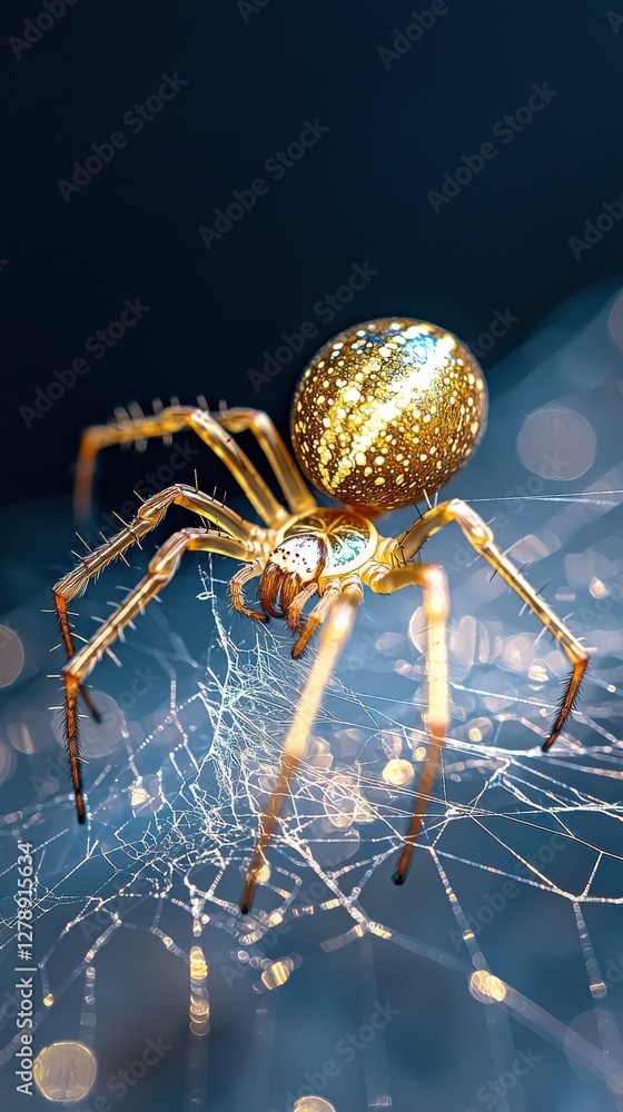 Poster golden spider building web in nature close-up macro environment captivating viewpoint
