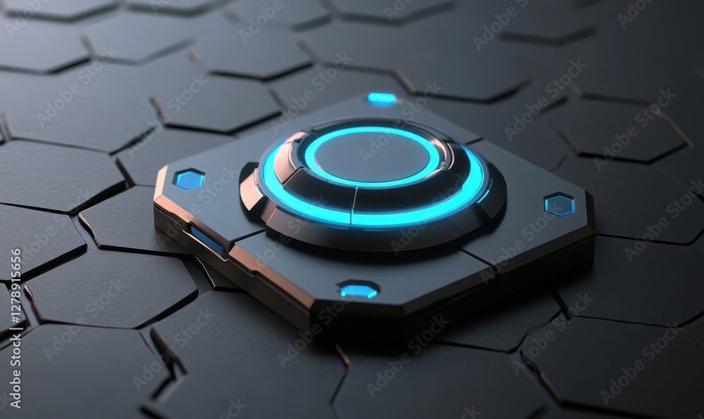 Poster glowing button on hexagonal surface, technology background, ui element