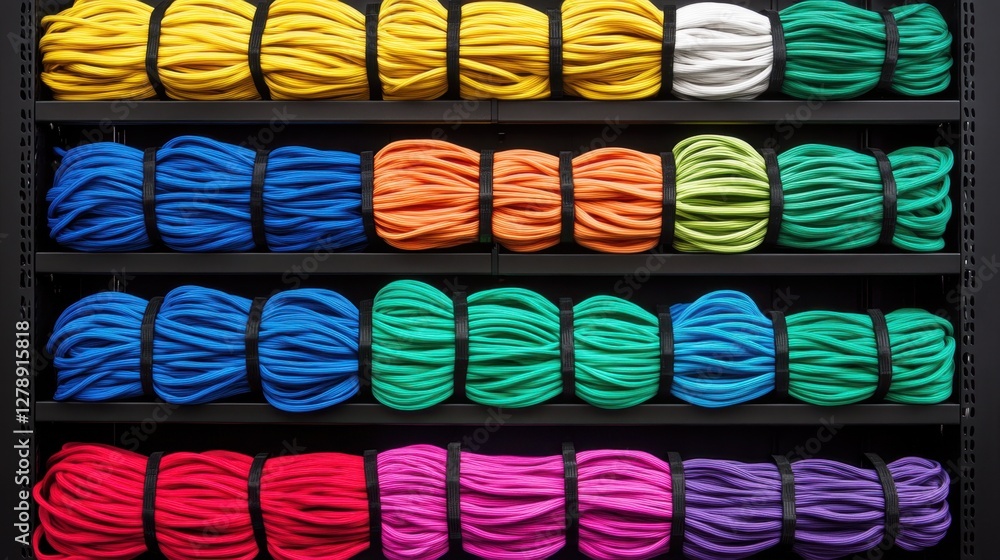 Poster a clean server rack with cables arranged in color-coded bundles, symbolizing organized data manageme