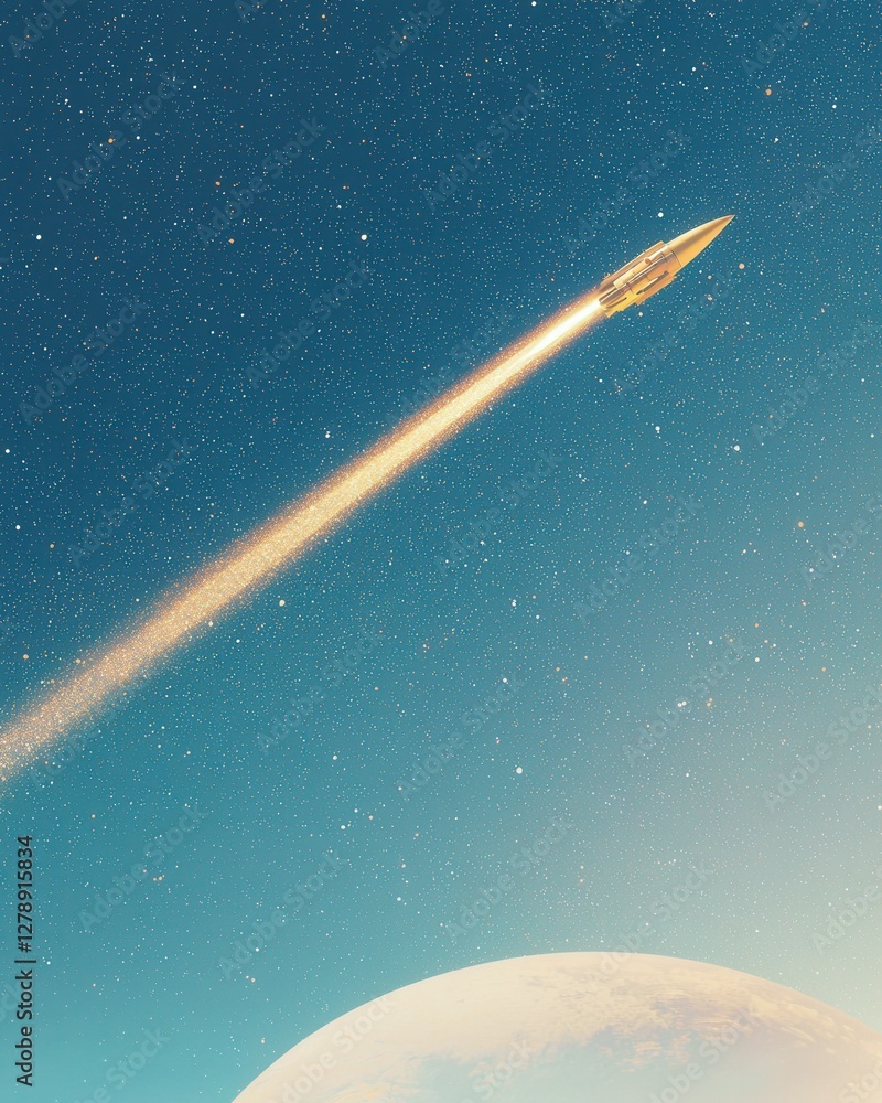 Poster rocket launching into space outer space digital art cosmic environment upward view exploration conce