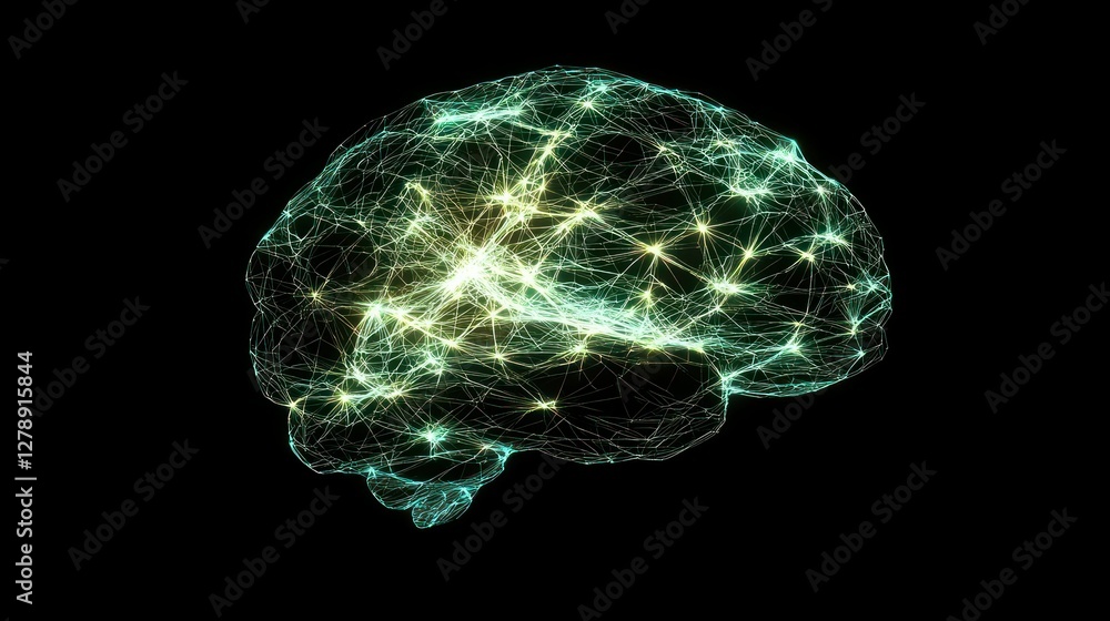 Poster A glowing 3D brain with neural connections represented by bright lines. 
