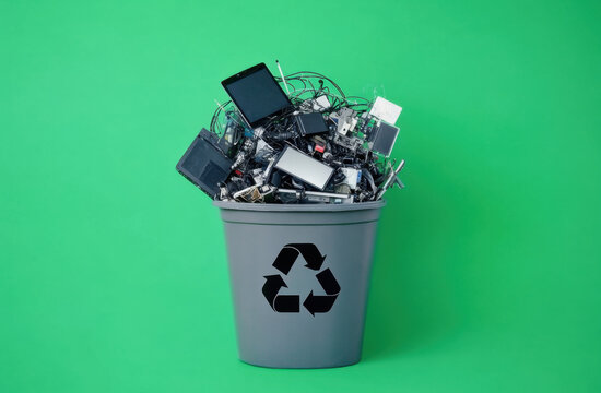 Dark gray recycle bin full of old electronics. Mobile phones, computer components inside. Eco friendly image shows waste management concept. Bin on plain green background. Proper disposal of e-waste