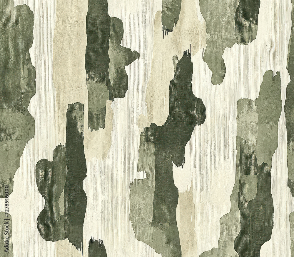 Poster soft streaks of deep olive green and pale gray create textured pattern, seamless pattern style.