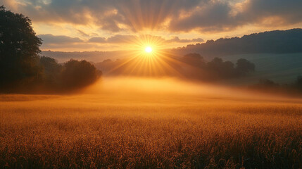 Golden sunlight breaking through early morning fog, illuminating a peaceful countryside
