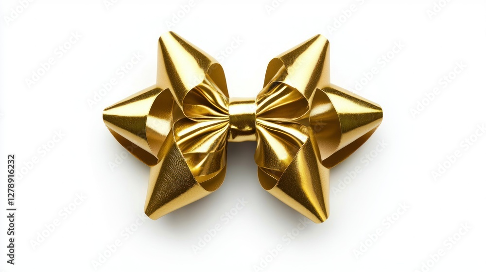 Poster a gold ribbon tied into a perfect bow, isolated with a soft shadow effect.