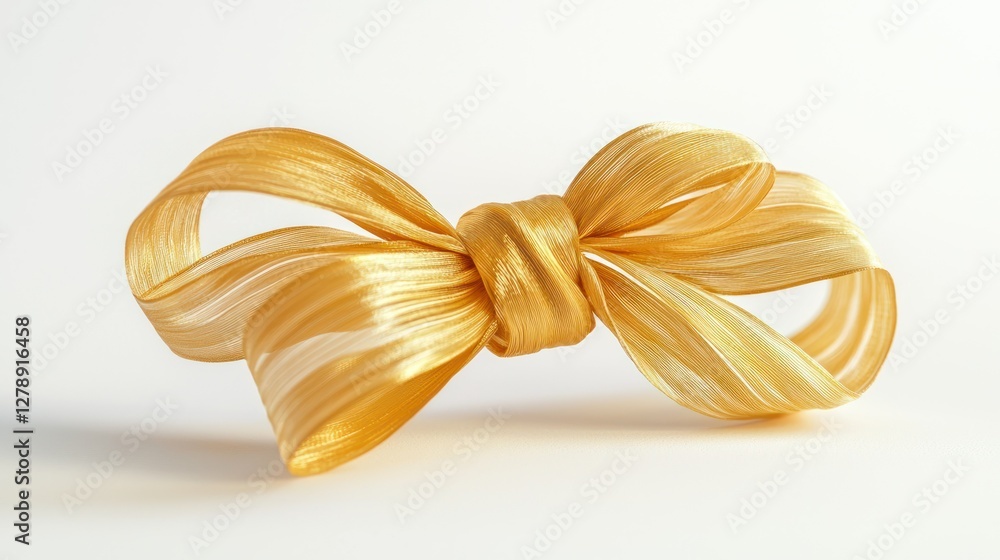 Poster a gold ribbon tied into a perfect bow, isolated with a soft shadow effect.