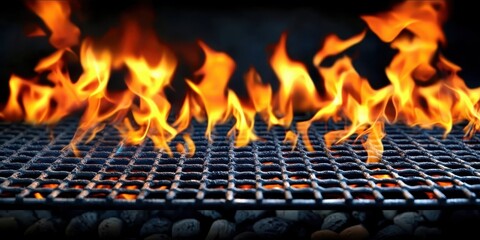 Flames dance on a grill, creating an intense and vibrant fire display against a dark background.