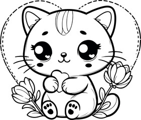 Cute Cat with heart Cartoon Vector coloring book. Funny feline characters for Valentine's Day and Love coloring page. Outline doodle animals collection in cartoon style. Vector illustration.