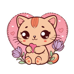 Cute cat with pink hearts and flower vector illustrator. Valentine card in kawaii style. Can be used for t-shirt print, stickers, greeting card design. Vector illustration EPS8