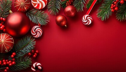 a christmas background featuring red ornaments candy canes and pine branches on a red table surface perfect for a christmas card design with copy space