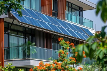 Solar panels on balcony of modern apartment building
