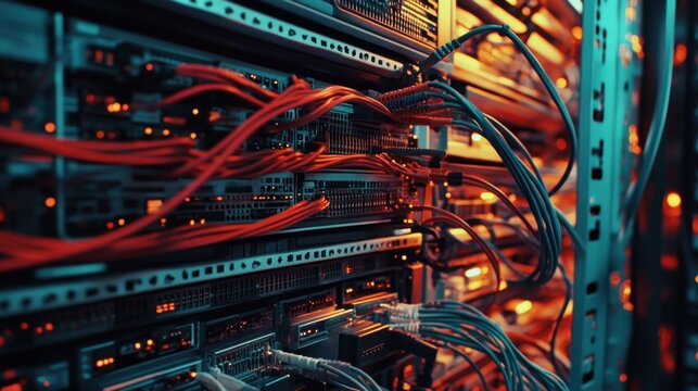 A close-up of network cables plugged into a server rack, symbolizing seamless digital connectivity.